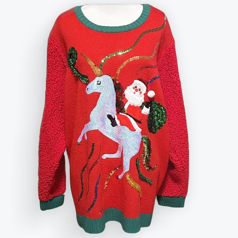 Bling Santa Riding Sequined Unicorn “Ugly” But Cute Christmas Sweater ~ Tag Cut